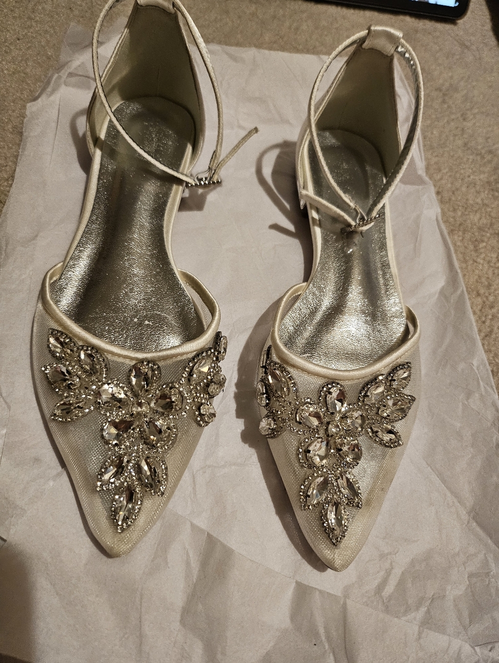 Embellished Ivory Pointed-Toe Ankle Strap Flats Bridal Shoes